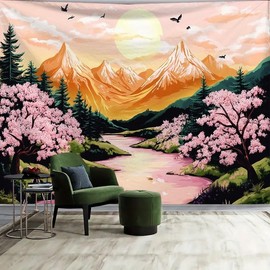 FENDROM Mountain Tapestry Nature Forest Pink Cherry Blossoms Tapestries for Bedroom Aesthetic Sunset Tapastry's Wall Hanging Orange and Green Landscape Wall Tapestry for Living Room Dorm
