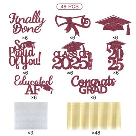 48PCS Graduation Cupcake Topper Glitter Grad Class Food Picks Congratulations Party Decoration Ideas Maroon