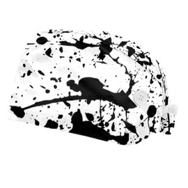 2 Pcs Working Cap with Button Sweatband Adjustable Bouffant Scrub Caps Splash Black Pattern Working Head Cover for Women Men