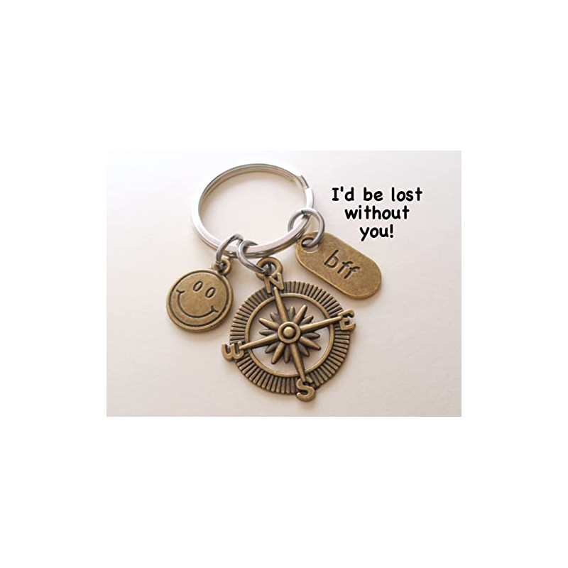Bronze Friend Charm Keychain with Compass Charm, Smiley Face Charm