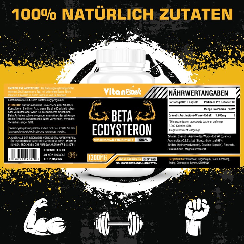 Beta-Ecdysterone Supplement 1200 mg | 98% Maximum Purity, 60 Pieces