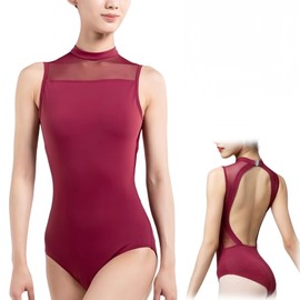Hybursky Ballet Bodysuit for Women Mesh Sleeveless Dance Leotard Turtleneck Backless Gymnastics Leotards Jumpsuit Top Dance Costume Adult Dancewear(Burgundy/L)
