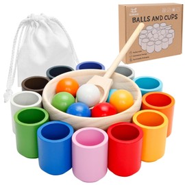 Montessori Toy from 3 Years, Wooden Sorting Stacking Toy, 12 Balls 30 mm Rainbow Wooden Balls in Cups, Baby Toy for Preschool for Colour Sorting and Counting, Gift from 2 3 4 5 Years