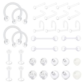 Briana Williams 34pcs Clear Acrylic Piercing Retainers Jewellery Labret Nose Lip Cartilage Tongue Diath Helix Tragus Septum Ring Stud Bar 14/16/20G