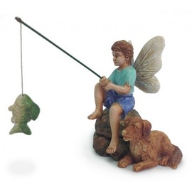 "Gone Fishin'" Miniature Fairy Garden Boy Fishing w/ Dog Figurine