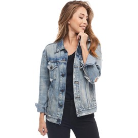 Able Clothing Merly Distressed Denim Jacket for Women, All Seasons Non Stretch, Long Sleeves,Button Down, Easy Fit Denim Jacket (Original Wash, S)
