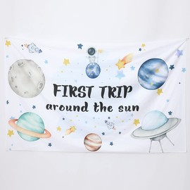 First Trip Around The Sun Space Party Backdrop - Outer Space Theme 1st Happy Birthday Backdrop for Kids - Baby Shower Party Decoration Supplies Banner Background