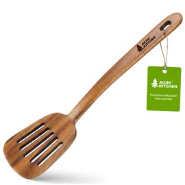 AIUHI Natural Teak Slotted Spatula, Ergonomic Long Handle Cook Spatula, Heat‑Resistant Food‑Grade Wooden Turner for Home Kitchen Daily Cooking