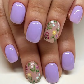 24 Pcs Short Square Press on Nails Floral Fake Nails Light Purple Acrylic False Nails Cute Pink Flower Glue on Nails Glossy Full Cover Stick on Nails Artificial Nails for Wome