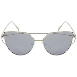 Edge I-Wear Cross Over Brow Bar Cat Eye Sunnies W/Flat Color Mirror Lens 23054-FLREV-3(SIL/SIL LENS)