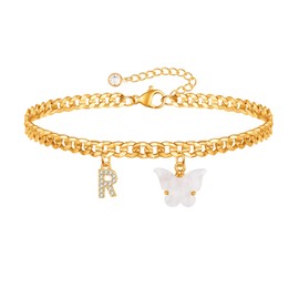 Gold Anklets Gold Ankle Bracelets for Women, 14K Gold Plated Initial R Gold Anklet Bracelets for Women Butterfly Ankle Bracelets for Women Gold Anklets for Women Cuban Link Anklets for Women
