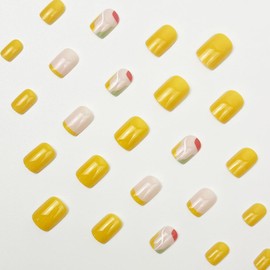 24 Pcs Extra Short Press On Nails Square,YEFIUO Summer Fake Nails Press ons Nail Art Tip Acrylic Nail Kit Glue on Nails Full Cover False Nail with Yellow Irregular Lines Glossy Design for Ma'am