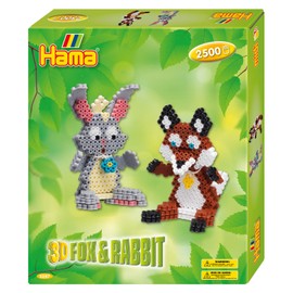 Hama Perlen 3247 Geschenk-Set 3D Fuchs und Hase mit ca. 2.500 bunten Midi Bügelperlen mit Durchmesser 5 mm, Motivvorlage und Stiftplatte, inkl. Bügelpapier, kreativer Bastelspaß für Groß und Klein