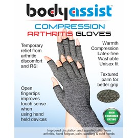 Bodyassist Compression Arthritis Gloves, Fingerless Design, Grey or Beige (Gray, Extra Large)
