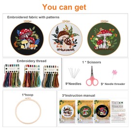 3 Pcs Mushroom Embroidery Kit, Hand Embroidery Kits with Mushroom Patterns for Beginners Adults with Hoop Needle Art Craft Handy Sewing Set