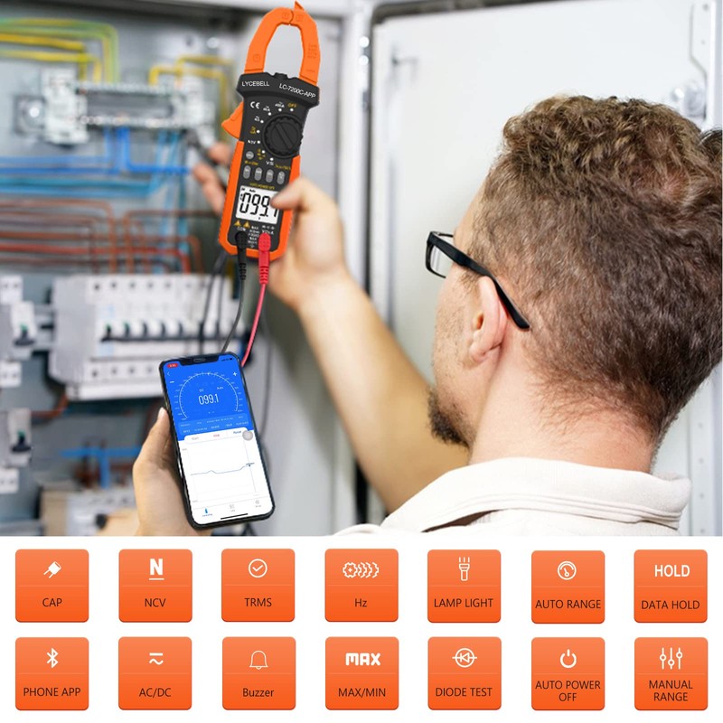 LYCEBELL Digital Clamp Meter, LC-7200C-APP True RMS Auto Range Professional