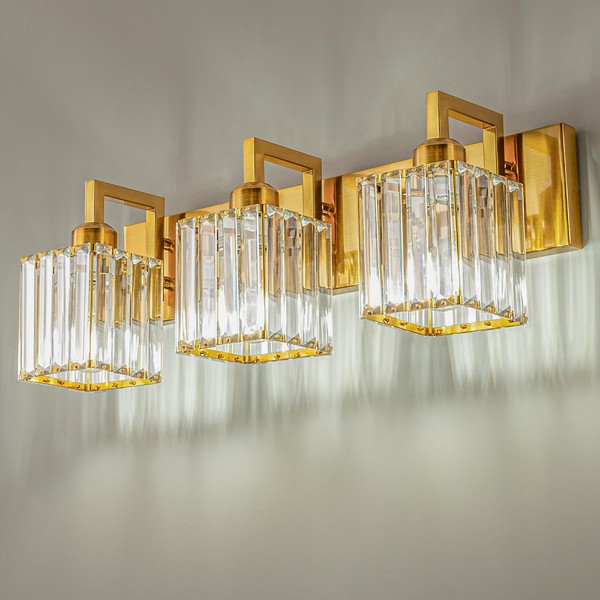 FDPBY Modern Crystal Bathroom Vanity Light 3-Lights Gold Brushed Brass
