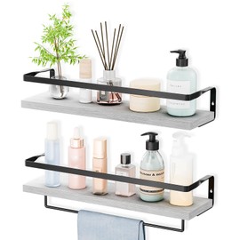MDCXJXQC Bathroom Shelves with Towel Bar,Floating Shelves for Bathroom, Kitchen, Bedroom, Paulownia Wood, Matte Black Metal Frame - Set of 2 (White)