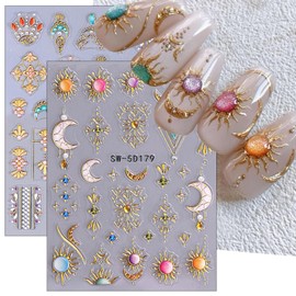 2 Sheets Bohemian Style Nail Stickers for Nail Art Embossed Star Moon Sun Nail Art Stickers 5D Self-Adhesive Bohemia Designs Nail Decals Gold Nail Supplies for Women DIY Manicure Decor