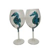 Seahorse Blue Green Hand Painted Wine Glasses Set of 2