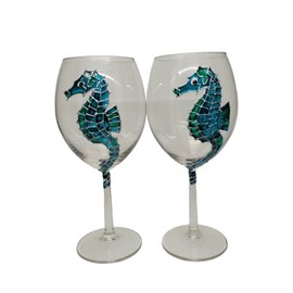 Seahorse Blue Green Hand Painted Wine Glasses Set of 2