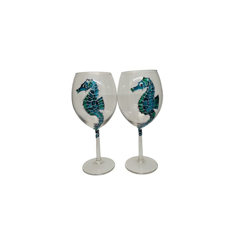 Seahorse Blue Green Hand Painted Wine Glasses Set of 2