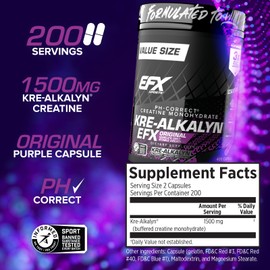 EFX Sports Kre-Alkalyn EFX | pH Correct Creatine Monohydrate Pill Supplement | Strength, Muscle Growth & Performance | 200 Servings, 400 Capsules