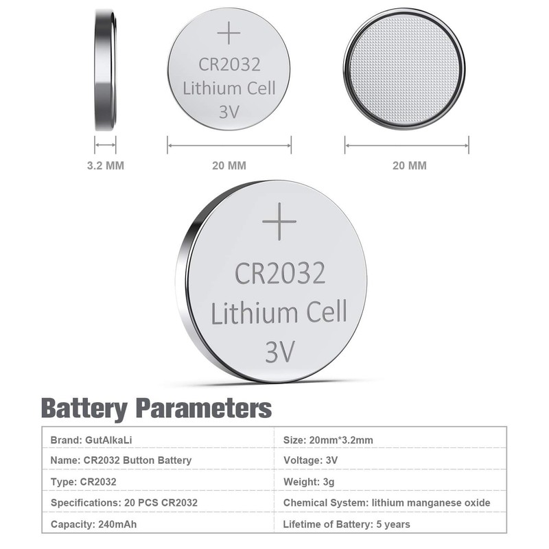 GutAlkaLi 20 Pack CR2032 Batteries - CR2032 3V Battery -