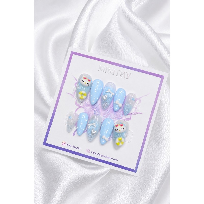 Summer Holiday Kitty Handmade Nail Tips - Short Ballerina /