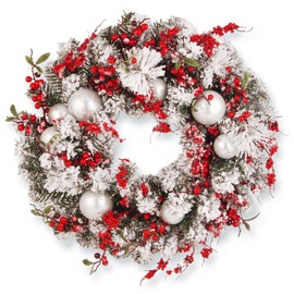 National Tree Company Artificial Christmas Wreath, Green, Evergreen, Decorated with Frosted Branches, Ball Ornaments, Berry Clusters, Christmas Collection, 24 Inches