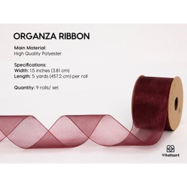 Vitalizart 1.5" x 45 Yards Organza Ribbon Set 9 Rolls x 5 Yd Sheer Ribbon for Gift Wrapping Crafts Christmas Tree Bows Wedding Invitations Wreaths Party Decor Bouquet DIY Projects (Mixed Colors)