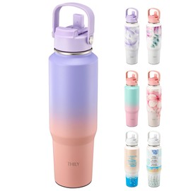 THILY Vacuum Insulated Stainless Steel Water Bottle with lid and straw, 40 oz Wide Mouth Double Wall Sport Water Flask Keep Drinks Cold or Hot All Day, Leakproof, Lavender Dream
