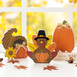 Glitzhome Set of 3 Wooden Pumpkin Turkey & Croissant Table Sign Thanksgiving Decor Farmhouse Thanksgiving Cute Turkey Wood Table Sign for Tiered Tray Decorations Fall Harvest Pumpkin Blocks Decor