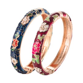 UJOY Vintage Cloisonne Bracelets Flower Enameled Jewelry Gold Plated Cuff Bangle for Women Gift Box 55A113-55A114 WineRed Blue