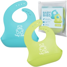 Silicone Bibs for Babies - 2 PK Baby Silicone Bibs with Food Catcher - Unisex Neutral Waterproof Infant Bibs & Toddler Bibs (Teal/Green)