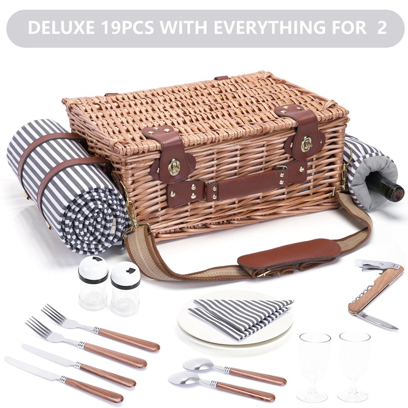 Picnic Basket with Blanket and Wine Pouch for 2 Wicker