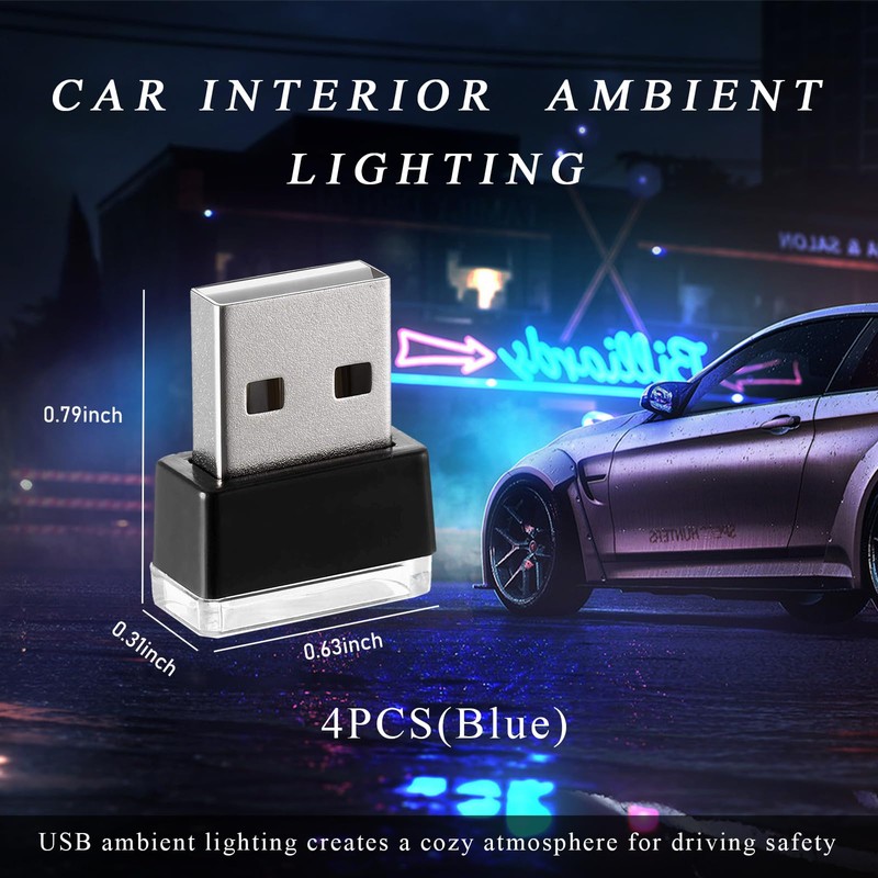 Yourkar 4 PCS USB LED Car Interior Atmosphere Lamp, Plug-in