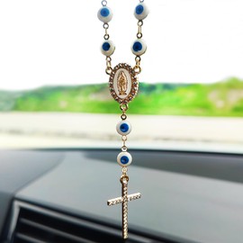Evil Eye Rear View Mirror Accessories, Bling Cross Car Mirror Hanging Accessories Evil Blue Eye Car Decor, Hanging Ornament for Protection & Blessing