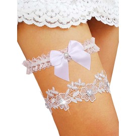 Urieo Bowknot Crystal Wedding Garters Rhinestone Floral White Lace Garter Stretch Bride Bridal Prom Party Leg Garter Set for Women(Pack of 2)