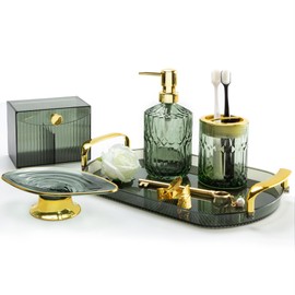FEXIA Green Bathroom Accessories Set 5 Pcs Green Bathroom Decor with Decorative Vanity Tray for Boho Bathroom Decorations Soap Dispenser Toothbrush Holder Lotion Gifts for Women Home Apartment Decor