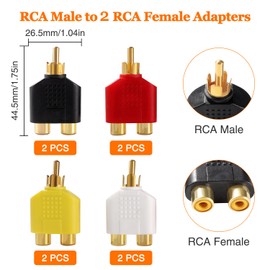 KUOQIY 8 PCS RCA Splitter Adapter, RCA 1 Male to 2 Female Phono Connector AV Video Y Splitter, for Subwoofer, Amplifier, TV, Digital Audio, Gold Plated - Multicolor