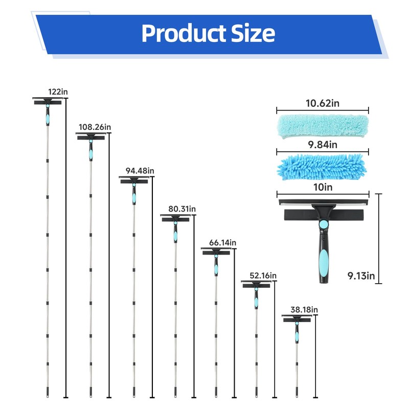 122'' Window Washing Kit with Extension Pole, 2-in-1 Window Cleaning