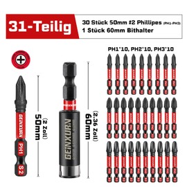 Geinxurn Screwdriver Bit Set #1#2#3 Phillips, 30 Pieces PH1 PH2 PH3 50 mm 1/4 Inch Hex Shank S2 Alloy Steel Impact Resistant Bit Set with 1 Piece 60 mm Magnetic Bit Holder, Bulk