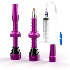 Shredr. Tubeless Valve Set, Purple, Complete Set Including Tubeless Syringe, Super Light Aluminium, Purple Anodised French Valve Presta, 44 mm for MTB Rims