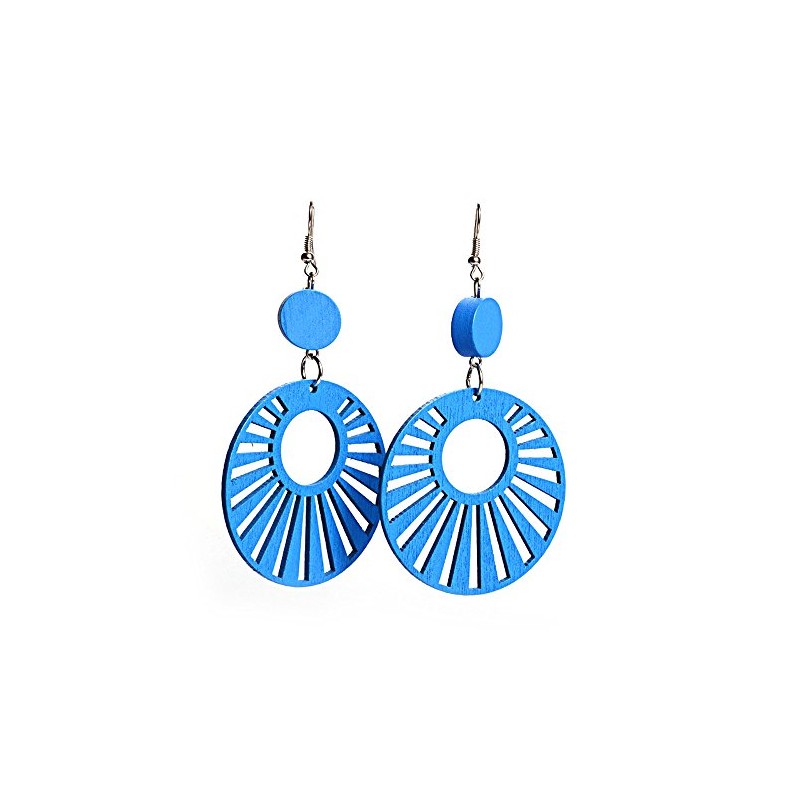 Blue sunbeams cut out design wooden hoop drop earrings