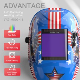 YESWELDER Large Viewing Screen True Color Solar Auto Darkening Welding Helmet,4 Arc Sensor Wide Shade 5/9-9/13 for TIG MIG Arc Weld Grinding Welder Mask LYG-M800H-B, Viewing Size 3.93"X 3.66"