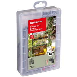fischer Praktische Helfer Garten & Haus Dowel Box, 71 Pieces, with Screws and DuoPower Dowels (25 x 6 x 30, 15 x 8 x 40), Universal Set for All Fixings, Incl. Gardening Gloves.