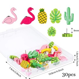 30PCS Wooden Push Pins, Turtle Leaf Vibrant Decorative Thumb Tacks in Flamingo Pineapple and Cactus Styles for Photos Wall Bulletin Board Maps and Cork Boards