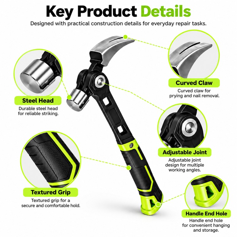 Magnetic Claw Hammer for Woodworking – Adjustable 4-Position Nail Puller