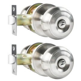 RAZCC Privacy Door Knobs, 2 Pack Satin Nickel Door Knobs with Lock, Bed and Bath Door Knob Interior Keyless Locksets, Round Door Handles Reversible for Left Right Handed Doors
